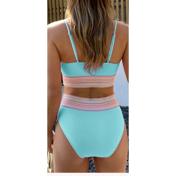 NWOT.Sky Blue Striped Patchwork Spaghetti Strap High Waist Bikini Swimsuit Size - Picture 2 of 11